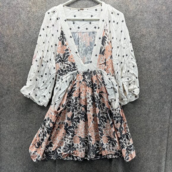 Free People Dress Womens Small Multicolor Floral Boho Deep V Tunic A Line - Picture 1 of 13